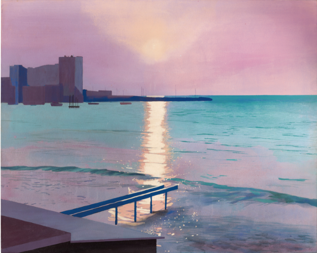 David Hockney, "Early Morning, Maxime" - semi abstract painting of urban seascape at sunrise