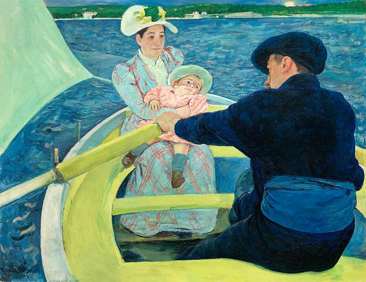 Nautical Art Masterpiece- The Boating Party by Mary Cassatt - Vintage painting of Woman Child and Man sailing small boat on French Riviera 