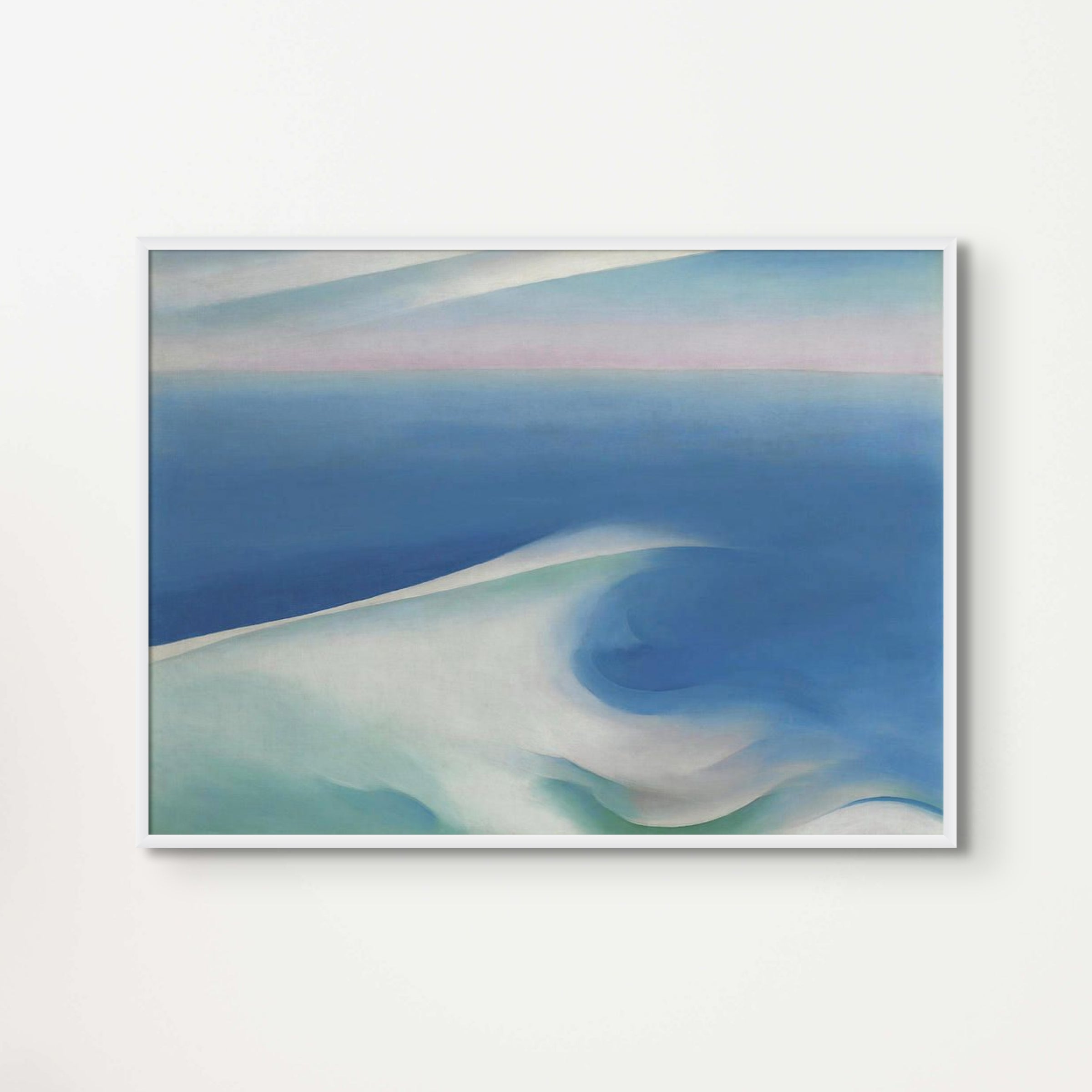 Abstract painting of blue and white waves.