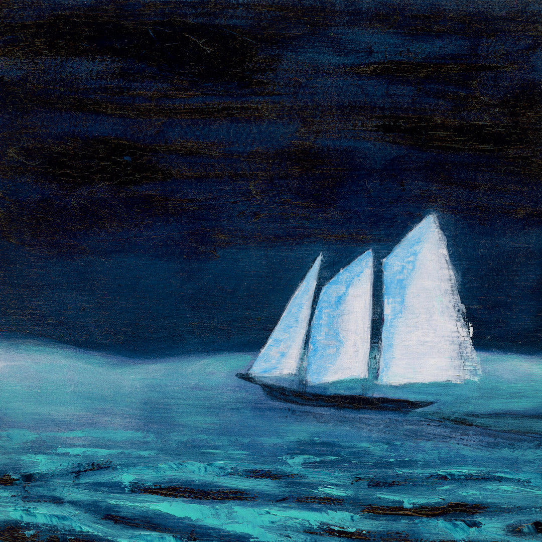Cool Coastal Paintings, "Moonlight Schooner Cruise", 6 x 6 - SOLD - Art of the Sea 