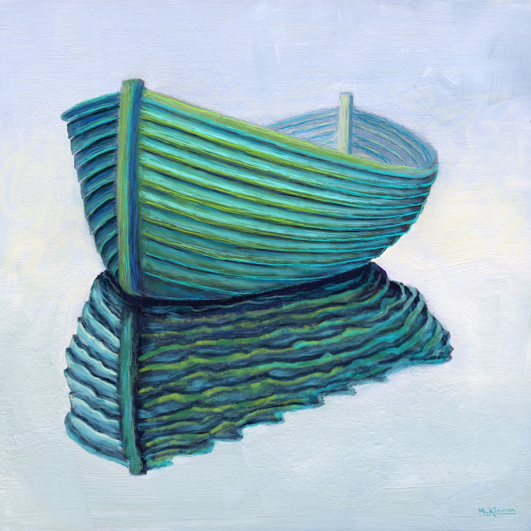 Minimalist Wall Art, "Green Rowboat on Misty Still Water, 6 x 6 - SOLD - Art of the Sea 
