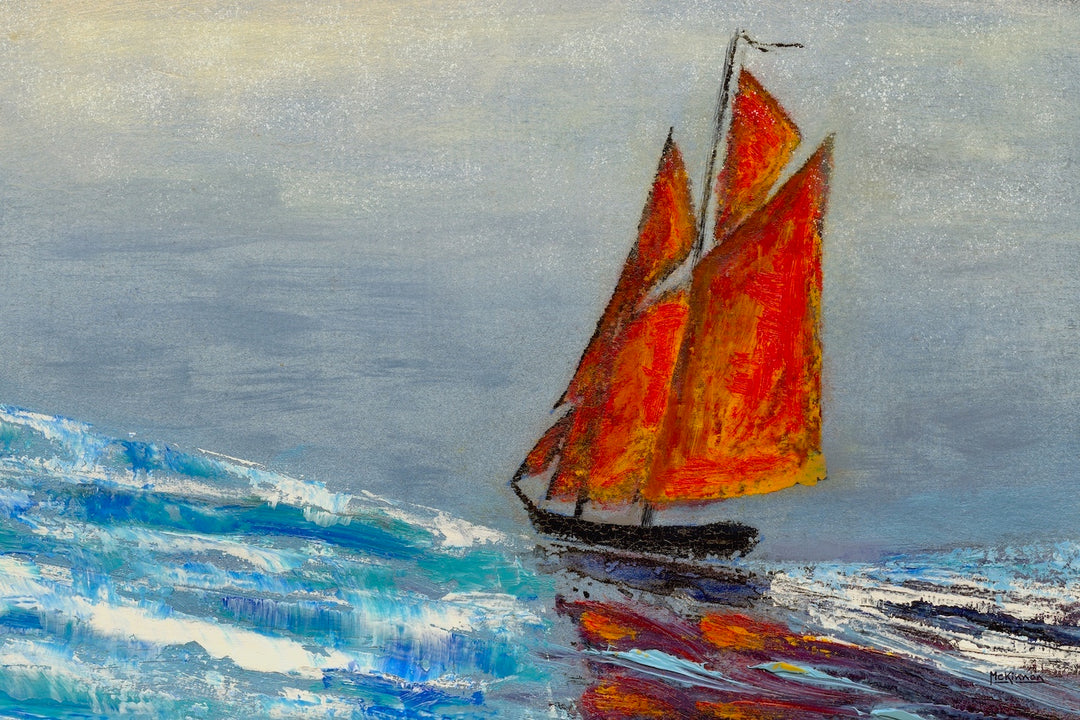 Art of the Ocean, "Schooner Sails on Fire", 8 x 5 - SOLD - Art of the Sea 