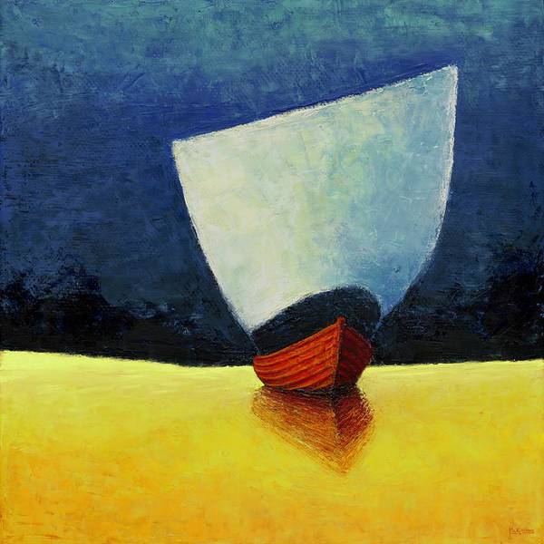 A semi abstract painting of a tall ship with a square sail in red, yellow and blue. 