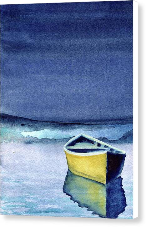 Modern Coastal Wall Art - Yellow Boat on Calm Water Watercolor - Canvas Nautical Print - Art of the Sea 