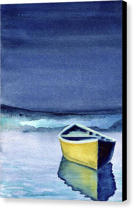Modern Coastal Wall Art - Yellow Boat on Calm Water Watercolor - Canvas Nautical Print - Art of the Sea 