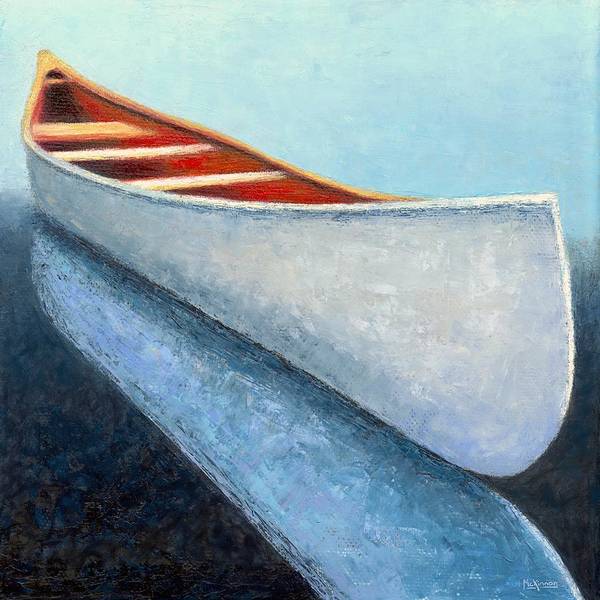 A coastal painting of a white canoe reflected in dark, navy blue water by Canadian artist Catherine McKinnon. The color palette of the painting is dominated by soft light blue, navy blue and white. The rich, rusty red interior of the canoe wall art adds a warm contrast to the cool blues. 