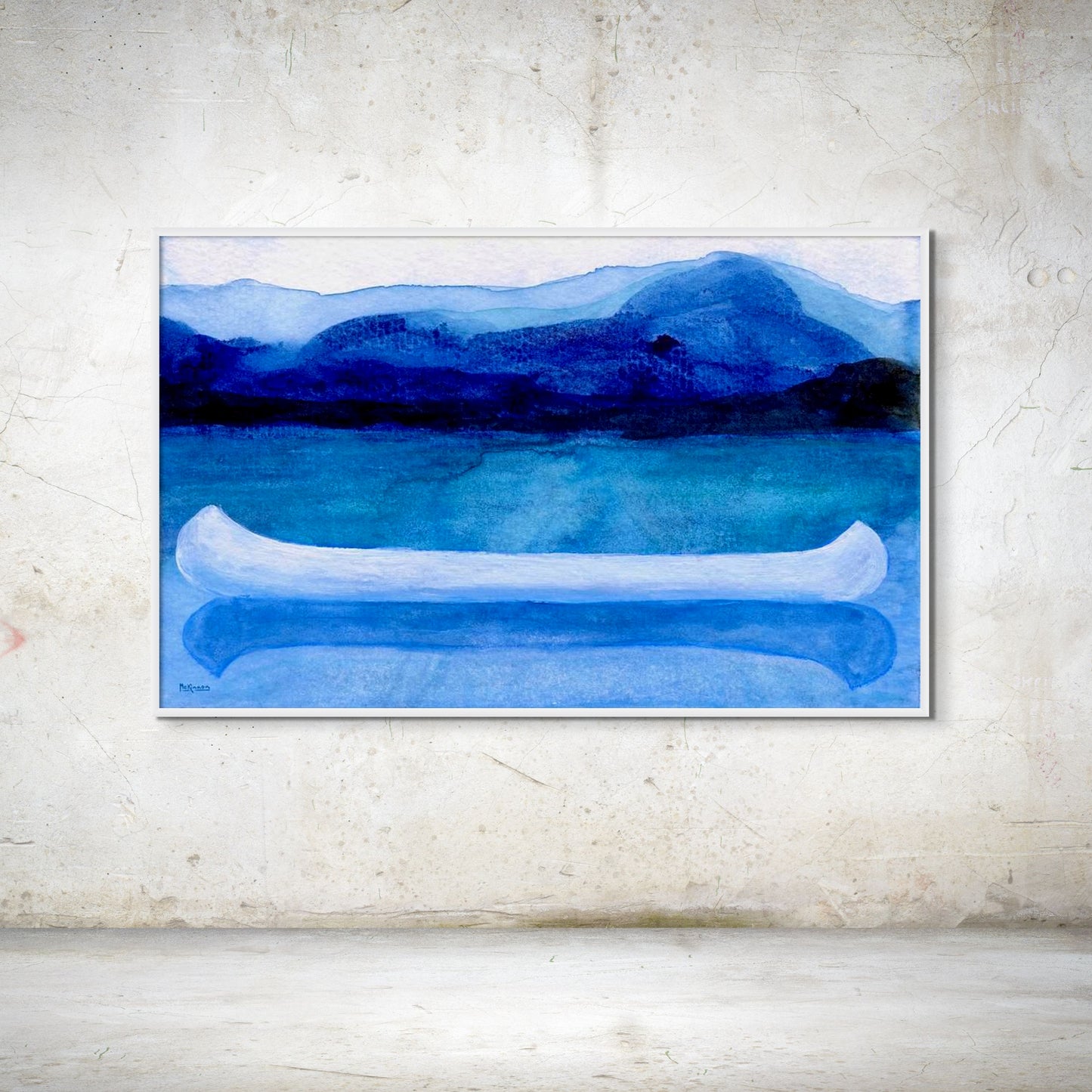 A work of canoeing art by Canadian artist Catherine McKinnon. The watercolor depicts a small white boat, a "canoe", on blue water with a dark blue distant shore and lighter blue distant moutains. The giclee print is framed in white and is mounted on a grey, textured wall.