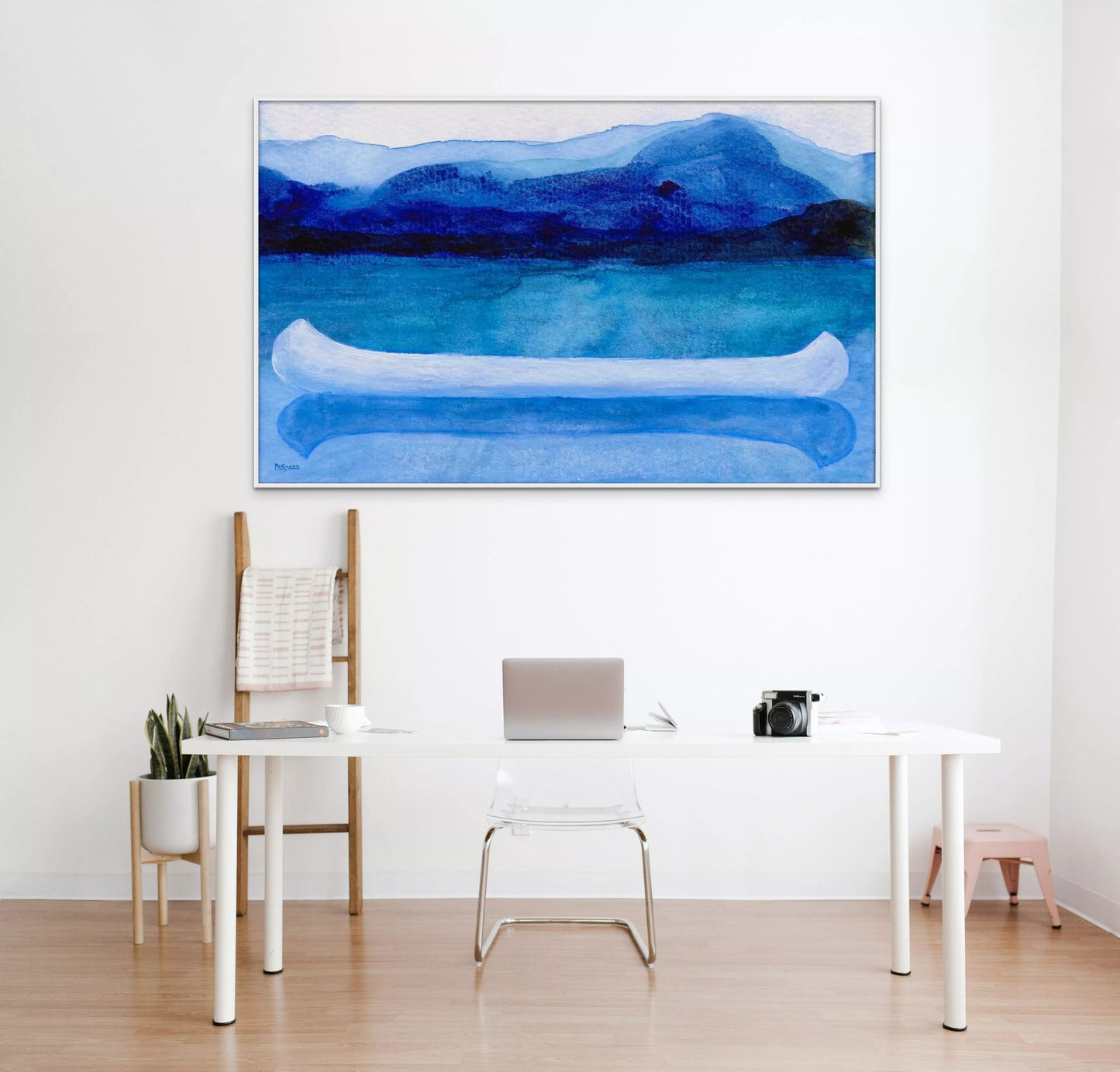 Unique Art for Lake House Decor, Original Paddling Boat Watercolor Painting, Contemporary Blue Water Canvas Print