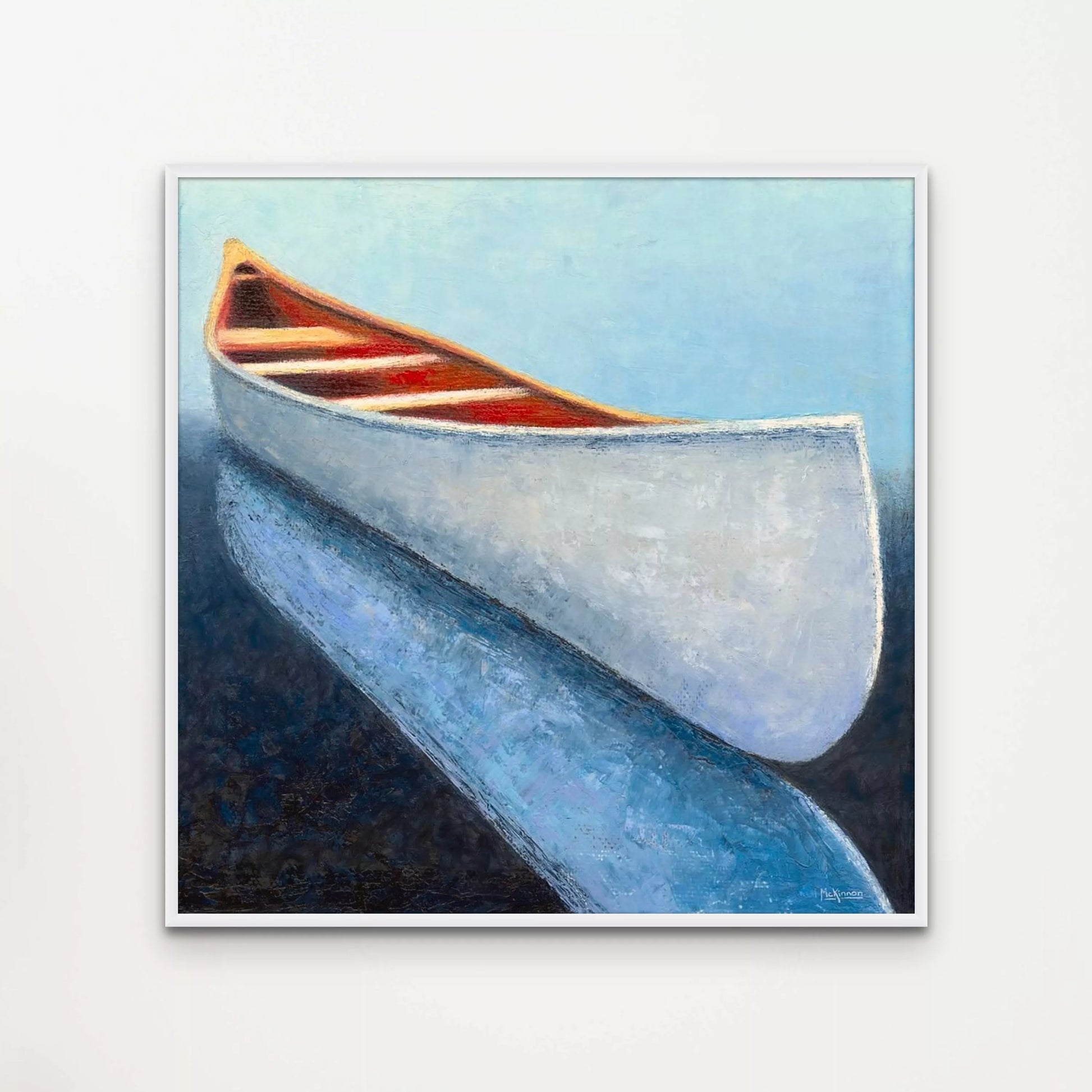 White Canoe Original Painting - Contemporary Nautical Wall Decor - Coastal Art Framed Print