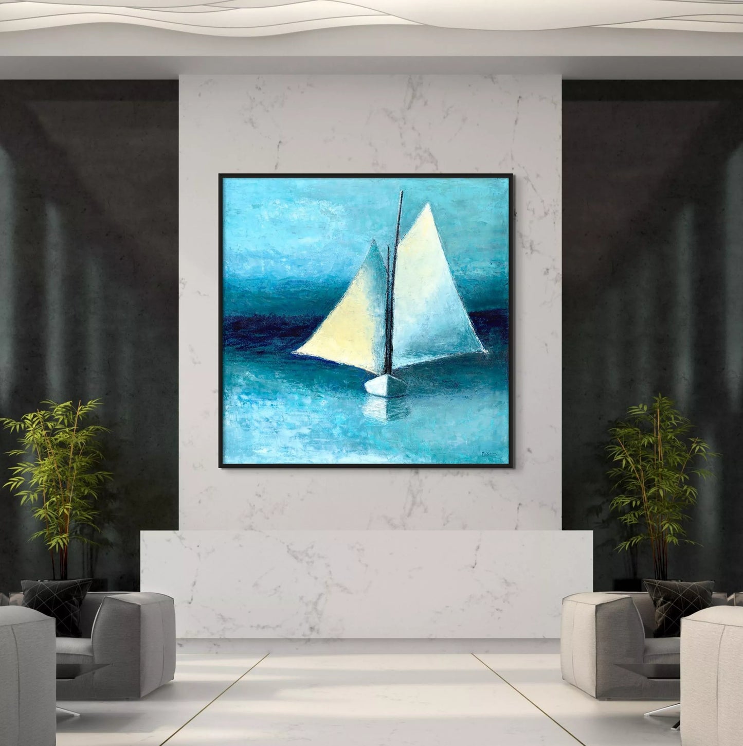 Sailboat Art, Blue White Painting, Contemporary Ocean Wall Decor, Original Minimalist Nautical Giclée Print