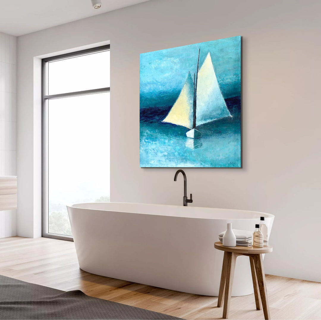 Beach Wall Decor - Blue and White Schooner Painting - Canvas Sailboat Print - Art of the Sea 