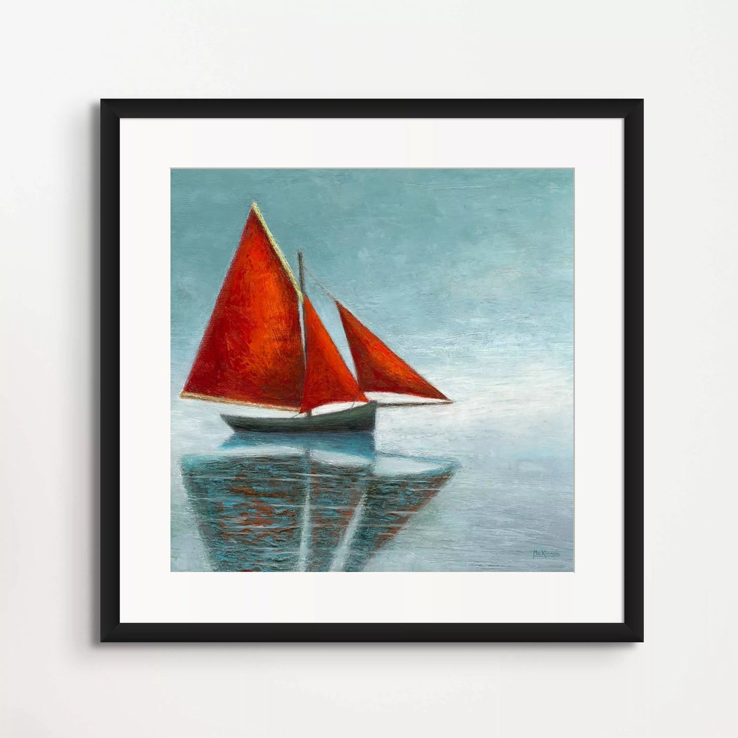 Red Sails Painting - Original Coastal Art Framed Print - Sailboat Painting Foggy Grey Sea Scape