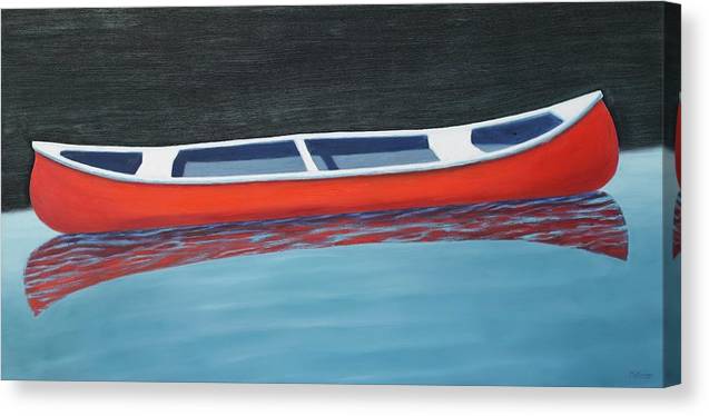 painting of red canoe floating on blue water with black background