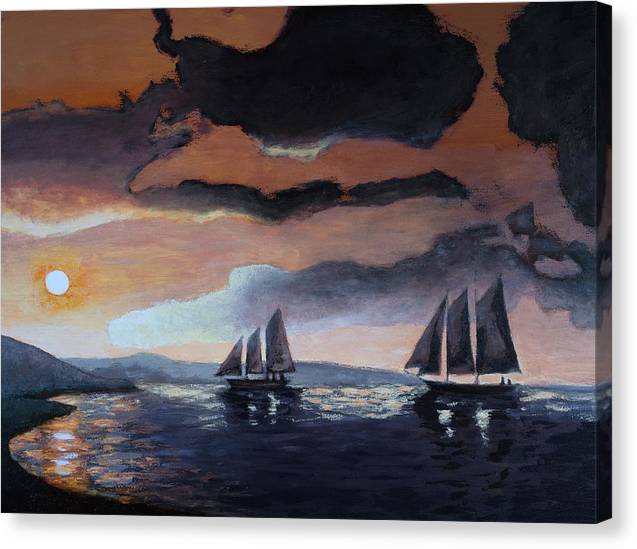 Sunset Canvas Painting - Schooner Sailboats Sailing at Dusk - Canvas Seascape Print - Art of the Sea 