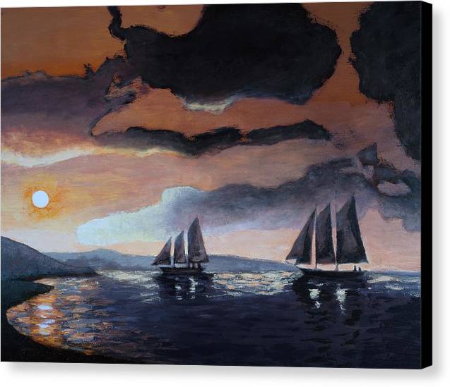 Sunset Canvas Painting - Schooner Sailboats Sailing at Dusk - Canvas Seascape Print - Art of the Sea 
