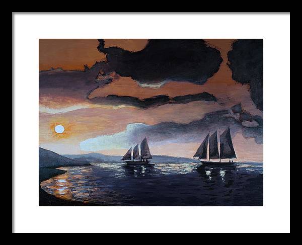 Framed Coastal Wall Art - Two Schooners Sailing at Sunset Painting - Framed Seascape Print - Art of the Sea 