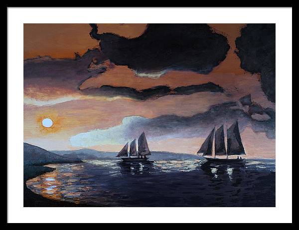 Framed Coastal Wall Art - Two Schooners Sailing at Sunset Painting - Framed Seascape Print - Art of the Sea 