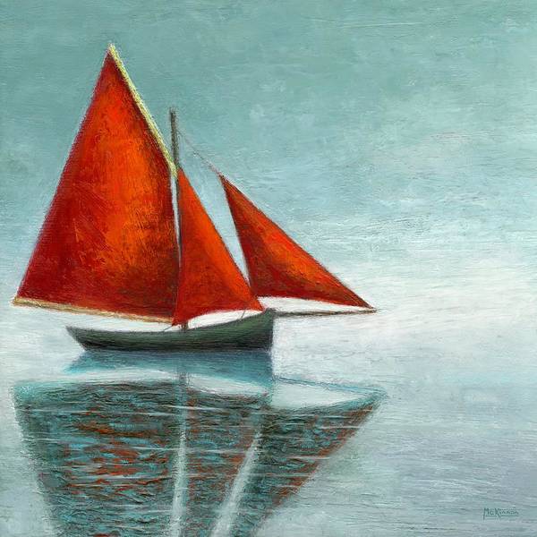 A painting of a Galway Hooker, a sailboat which is gaff-rigged with red sails. The boat is under full sail on a calm, grey sea under a grey sky. 