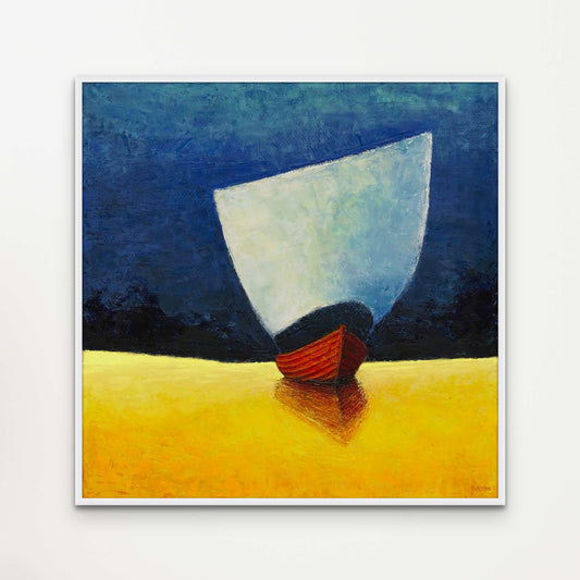 A semi abstract painting of a tall ship with a square sail in red, yellow and blue. This coastal giclee print is framed in a white minimalist frame and mounted on a white wall.