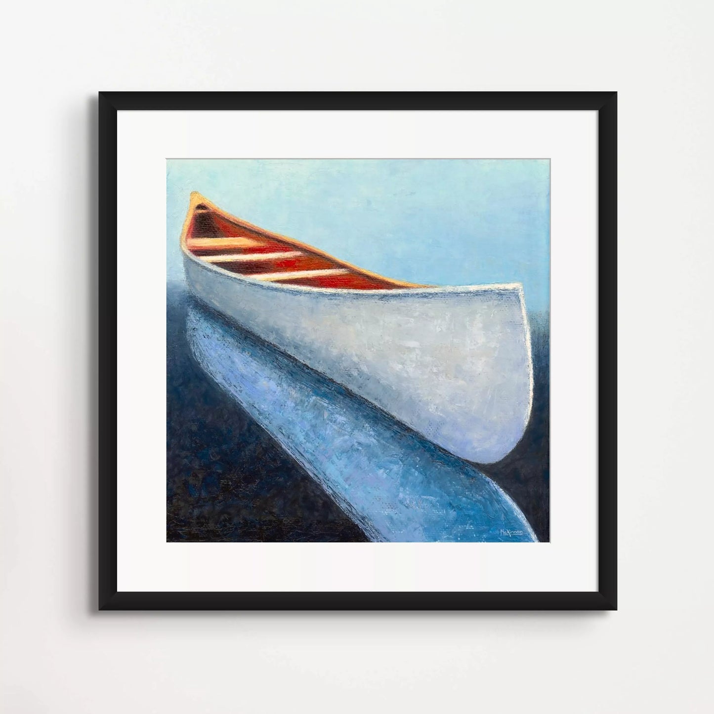 White Canoe Original Painting - Contemporary Nautical Wall Decor - Coastal Art Framed Print
