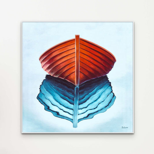 A minimalist painting of an orange semi abstract boat by Canadian artist Catherine McKinnon. The rusty orange hull of the wooden rowboat is reflected on the near calm surface of blue water. This giclee print is framed in a minimalist white frame and mounted on a light grey wall.