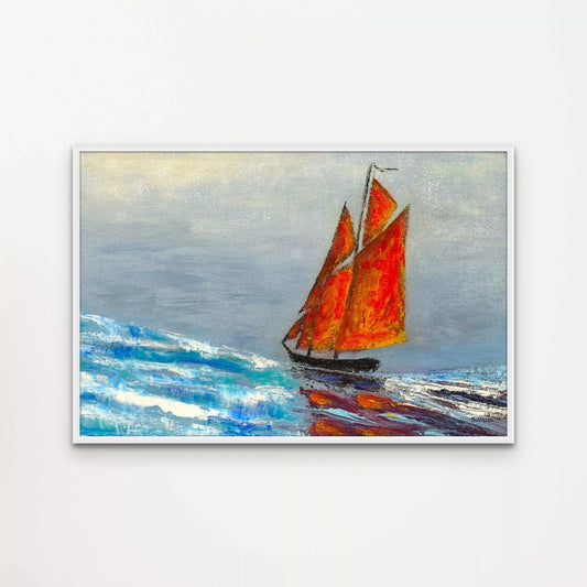 A minimalist sailboat painting of a schooner with orange sails sailing over a large blue wave with thick impasto paint. The sky is a muted blue gray. This giclee print of the coastal artwork is framed in a simple white frame and mounted on a light gray wall.