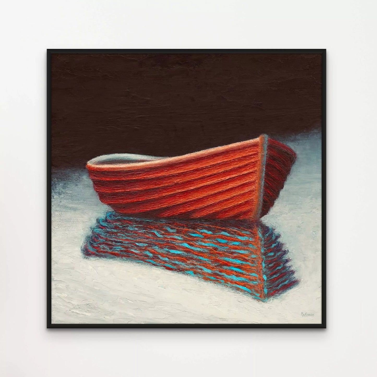 A minimalist painting of a wooden, lapstraked Viking rowboat, empty and floating on the water. The boat casts a rippled turquoise and rusty-orange reflection on the water's surface. The nearly white foreground darkens to black. This boat painting is framed in a minimalist black frame and mounted on a white wall.