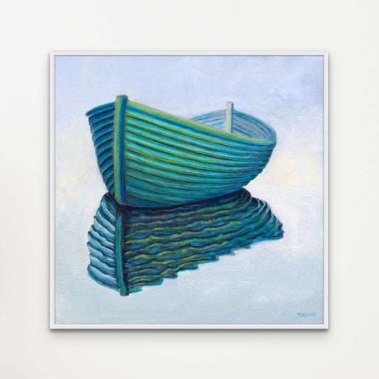 A semi abstract painting of a turquoise, lapstrake rowboat reflected in water on a very light blue background by Canadian artist Catherine McKinnon. This giclee print of the painting is framed in white and mounted on a light grey wall.