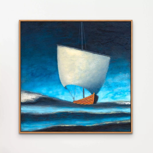 A minimalist painting of a Viking Ship by Canadian artist Catherine McKinnon. Blue is the dominant color of this nautical artwork. The painting depicts a Viking warship under sail in large breaking waves. This giclee print of the painting is framed in a minimalist natural wood frame and mounted on a white wall.