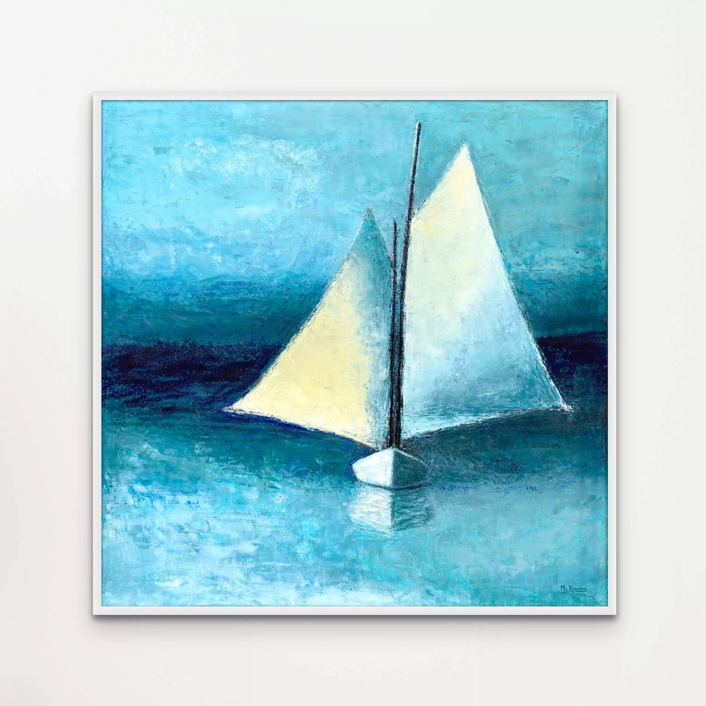 A minimalist sailboat painting of a square-rigged schooner under sail. This giclee print of the artwork is framed in white and mounted on a white wall. Sky and water are a muted sky blue, the sails are off-white and the hull is white. There is dark band of navy blue paint at the horizon. This giclee print of the artwork is framed in white and mounted on a white wall.