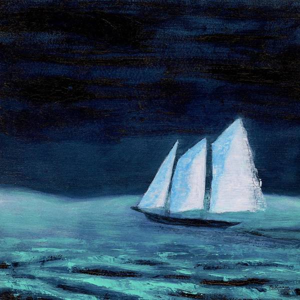 A minimalist boat painting of a schooner in full sail under a midnight blue sky and on a turquoise sea. 