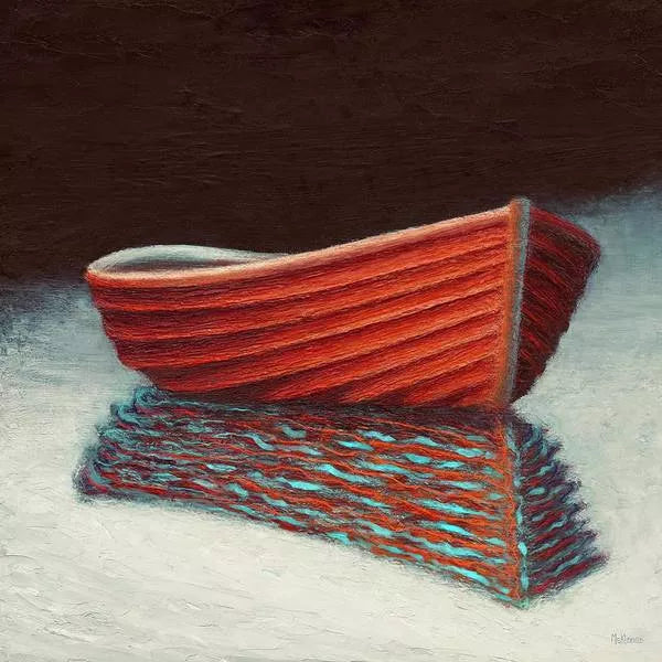 A minimalist painting of a wooden, lapstraked Viking rowboat, empty and floating on the water. The boat casts a rippled turquoise and rusty-orange reflection on the water's surface. The nearly white foreground darkens to black.