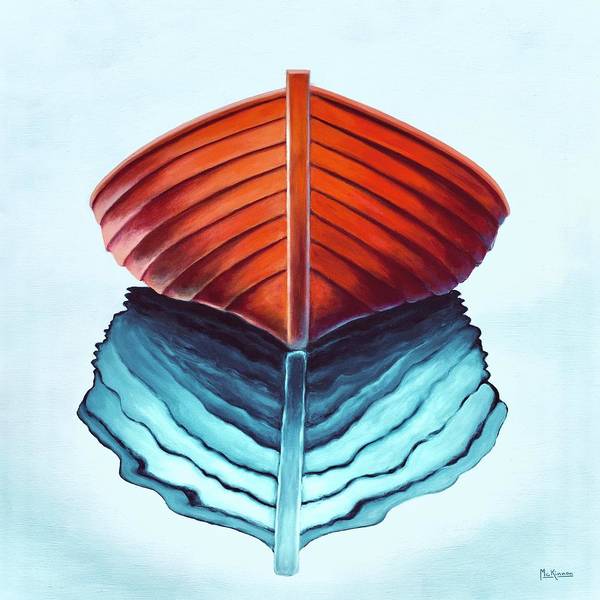 A minimalist painting of an orange semi abstract boat by Canadian artist Catherine McKinnon. The rusty orange hull of the wooden rowboat is reflected on the near calm surface of blue water. 
