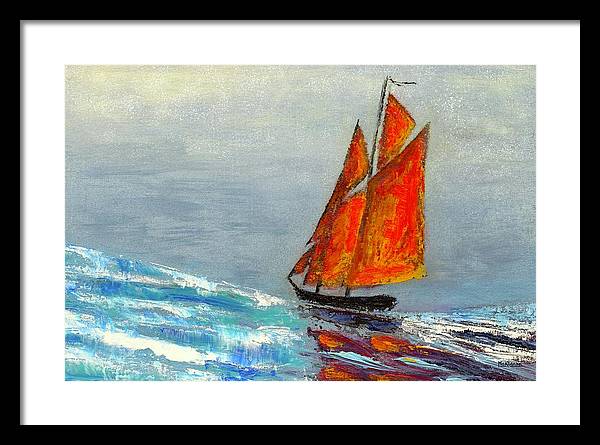 Schooner sails ablaze by Catherine McKinnon - Coastal Art Framed Print - Art of the Sea 