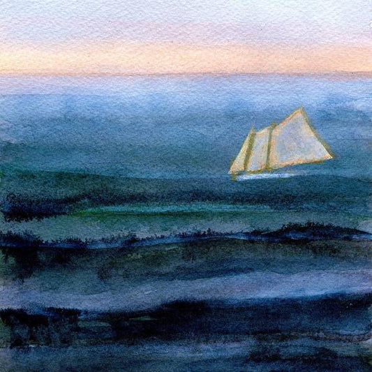 Sailboat Watercolor - Schooner Sailing into Sunset Painting - Coastal Art Print