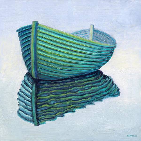 A semi abstract painting of a blue green, lapstrake rowboat reflected in water on a very light blue background by Canadian artist Catherine McKinnon.