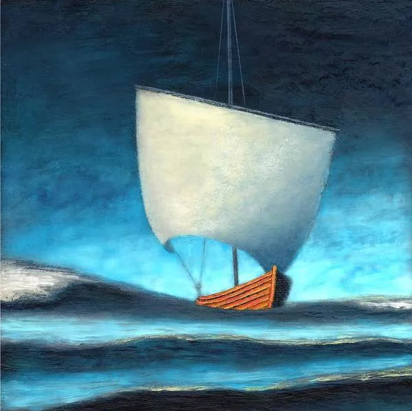 A minimalist painting of a Viking Ship by Canadian artist Catherine McKinnon. Blue is the dominant color of this nautical artwork. The painting depicts a Viking warship under sail in large breaking waves.